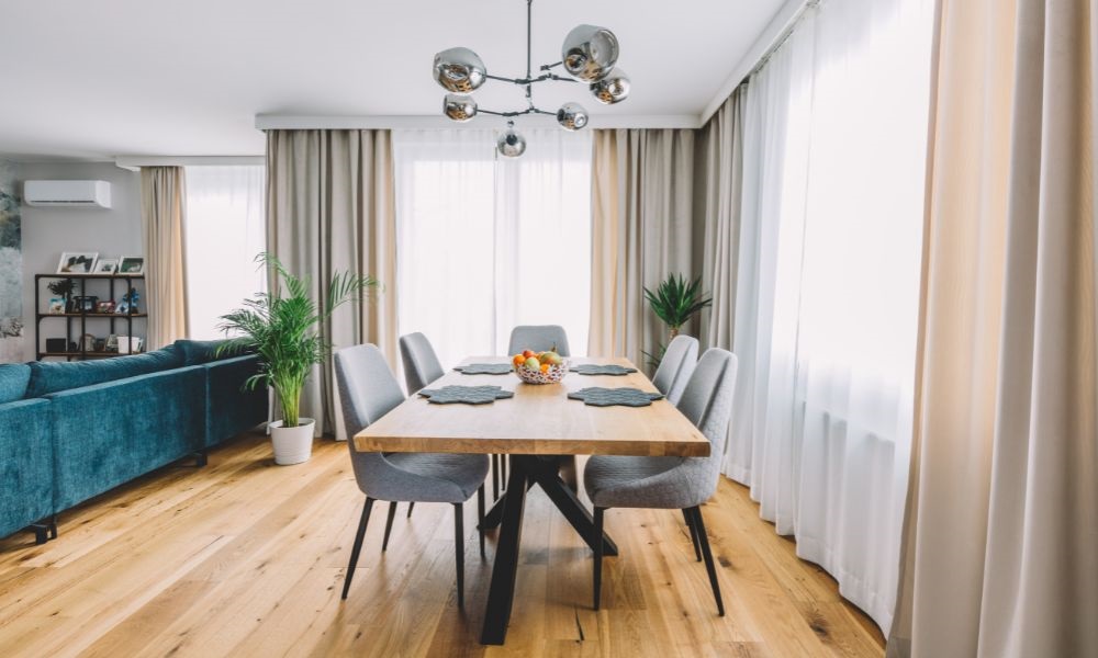 dining room and curtain behind