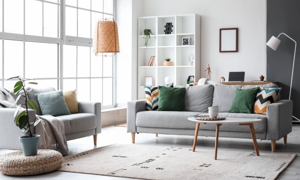 Blog Image with Grey Sofa and Green cushions
