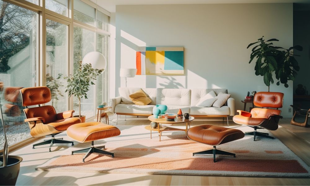 In a sunroom, many modern brown comfortable chairs around