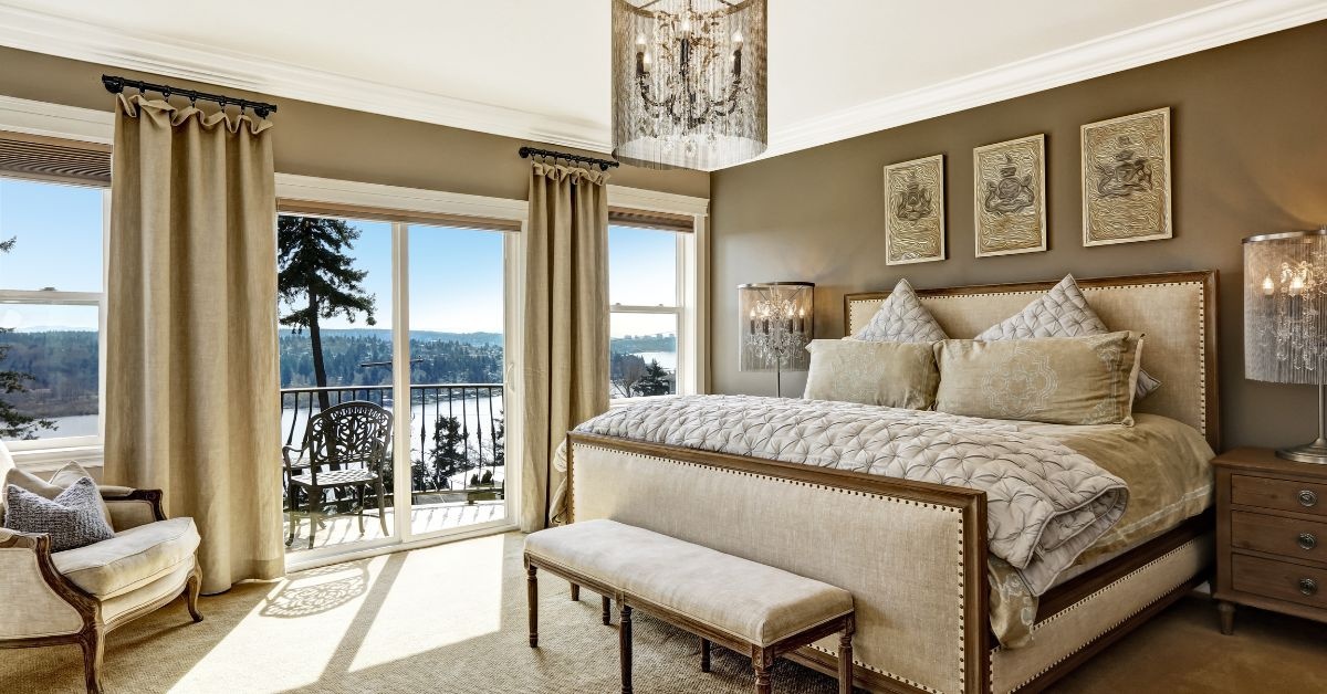 By the window, wooden living Room table with 6 chairs around